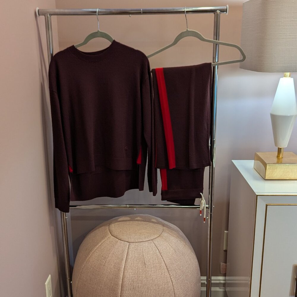 Tory Burch Sport Side-Stripe Merino Wool Pullover (Size XS, Burgundy & Red)